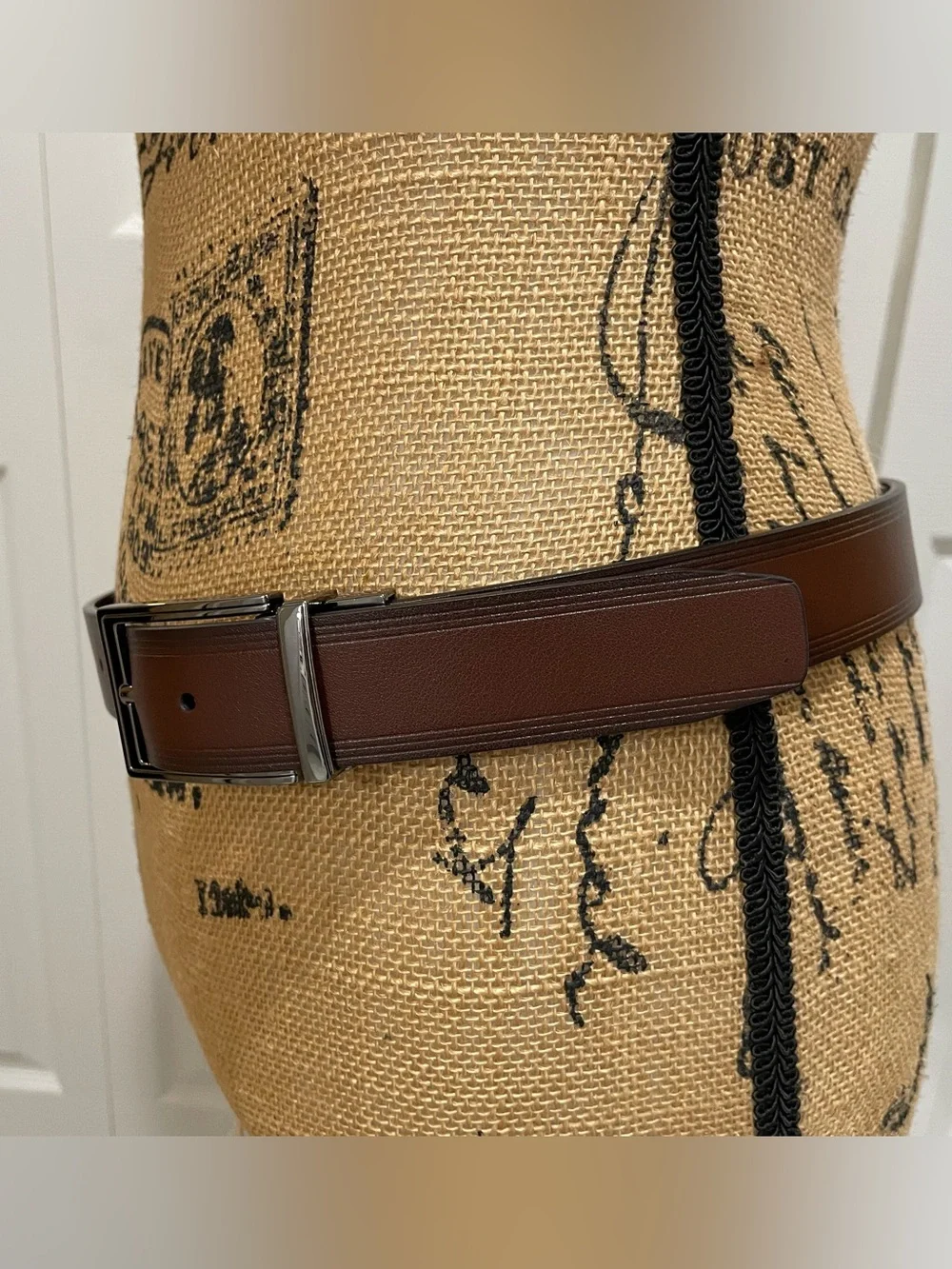 Perry Ellis Men's Brown Leather Belt with Dark Metal Buckle